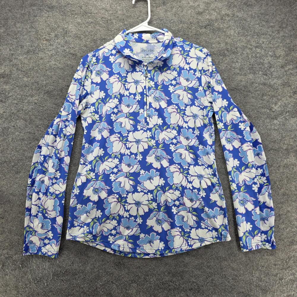SanSoleil Pullover Womens M Blue Mock Neck Zip Floral UV Protection Activewear
